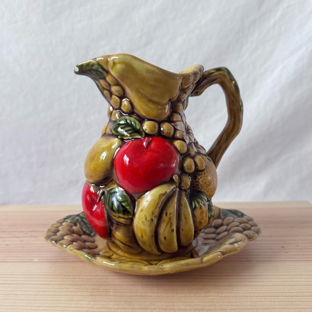 Vintage 70s Ardco Japan Fruit Relief Ceramic Pitcher & Saucer Set